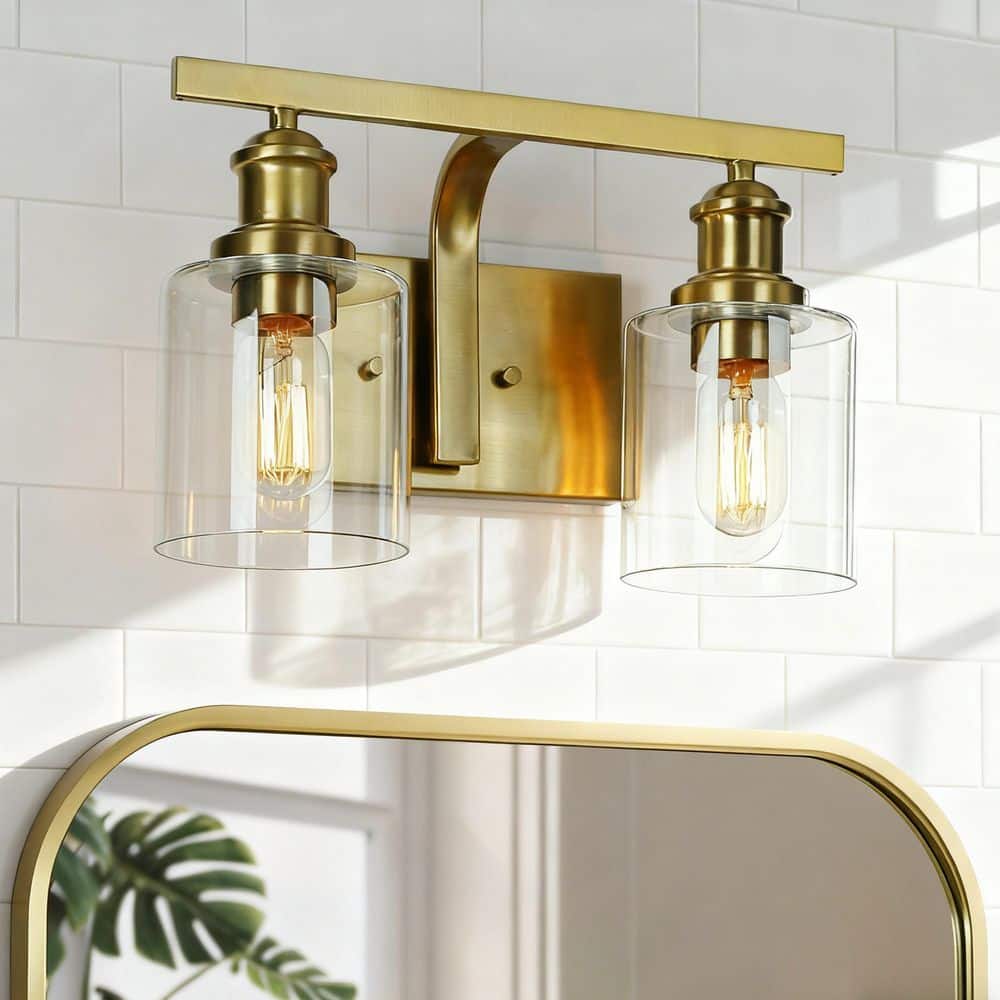 Alvra 14 in. 2-Light Plated Natural Brass Bathroom Vanity Light with Clear Glass Cylinders, Modern Vintage Wall Sconce price history on PriceWatchPro