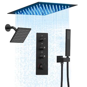 Thermostatic Valve LED 7-Spray Ceiling Mount 12 and 6 in. Dual Shower Head and Handheld Shower Head in Matte Black