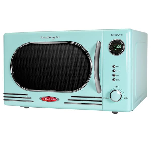 Nostalgia Retro 14.92 in. Wide 1.1 Cu. Ft. Electric 1000-Watts Microwave Aqua with Child Safety Lock