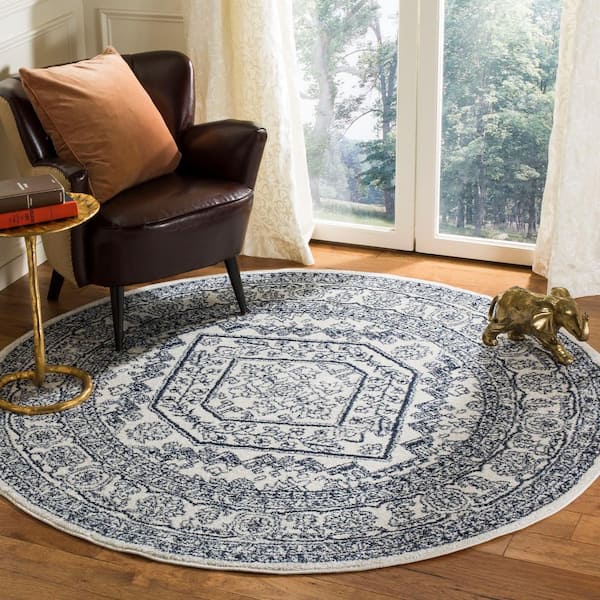 Adirondack Ivory/Navy 10 ft. x 10 ft. Border Medallion Round Area Rug