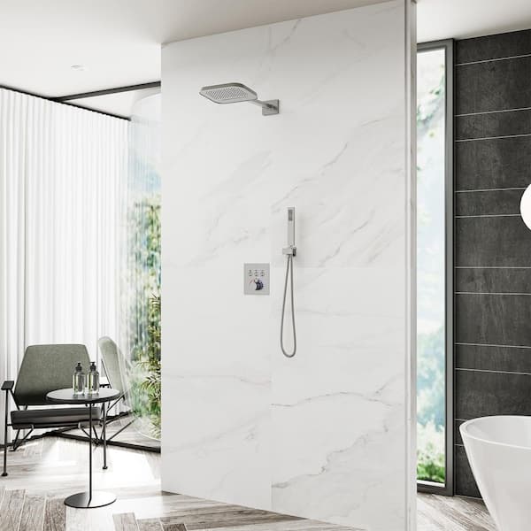 2-Spray Patterns 9.92 in. Wall Mount Dual Shower Heads in Brushed Nickel