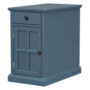 Antique Navy Wood Outdoor Side Table with USB Ports and One Multi-Functional Drawer with Cup Holders