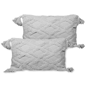 Macrame 20 in. x 12 in. Grey Outdoor Throw Pillow with Tassels (2-Pack)