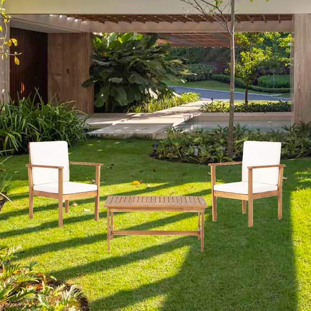 Boosicavelly 3-Piece Wood Patio Conversation Set with Beige Cushions