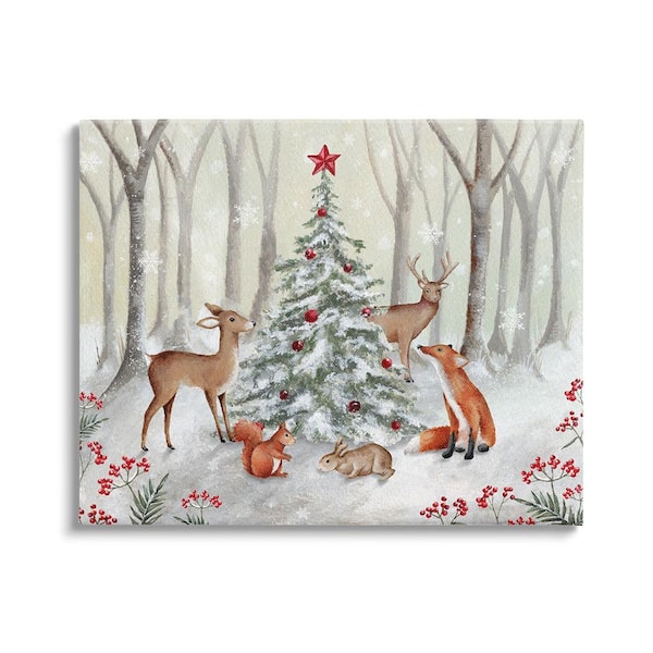 Stupell Industries Forest Animals and Christmas Tree byEmma Leach 1-Piece Unframed Graphic Print Animal Poster Art Print 30 in. x 24 in.