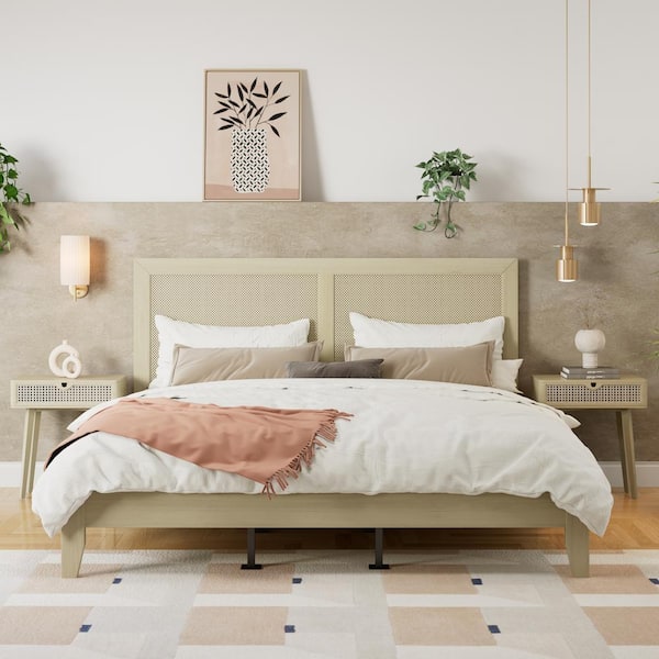Harper & Bright Designs Natural (Yellow) Solid Wood Frame California King Size Platform Bed With Rattan Headboard