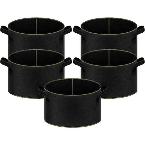 20 Gal. Grow Bag Thickened Nonwoven Fabric Pots Aeration Container with  Strap Handles Black with Green Stitch (5-Pack)