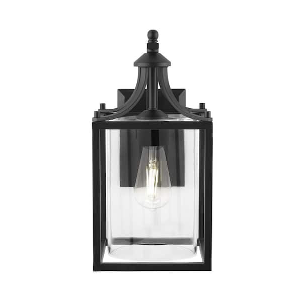 Hampton Bay Boswell Quarter 15.12 in. 1-Light Matte Black Hardwired Outdoor Transitional Wall Lantern Sconce with Clear Glass Shade