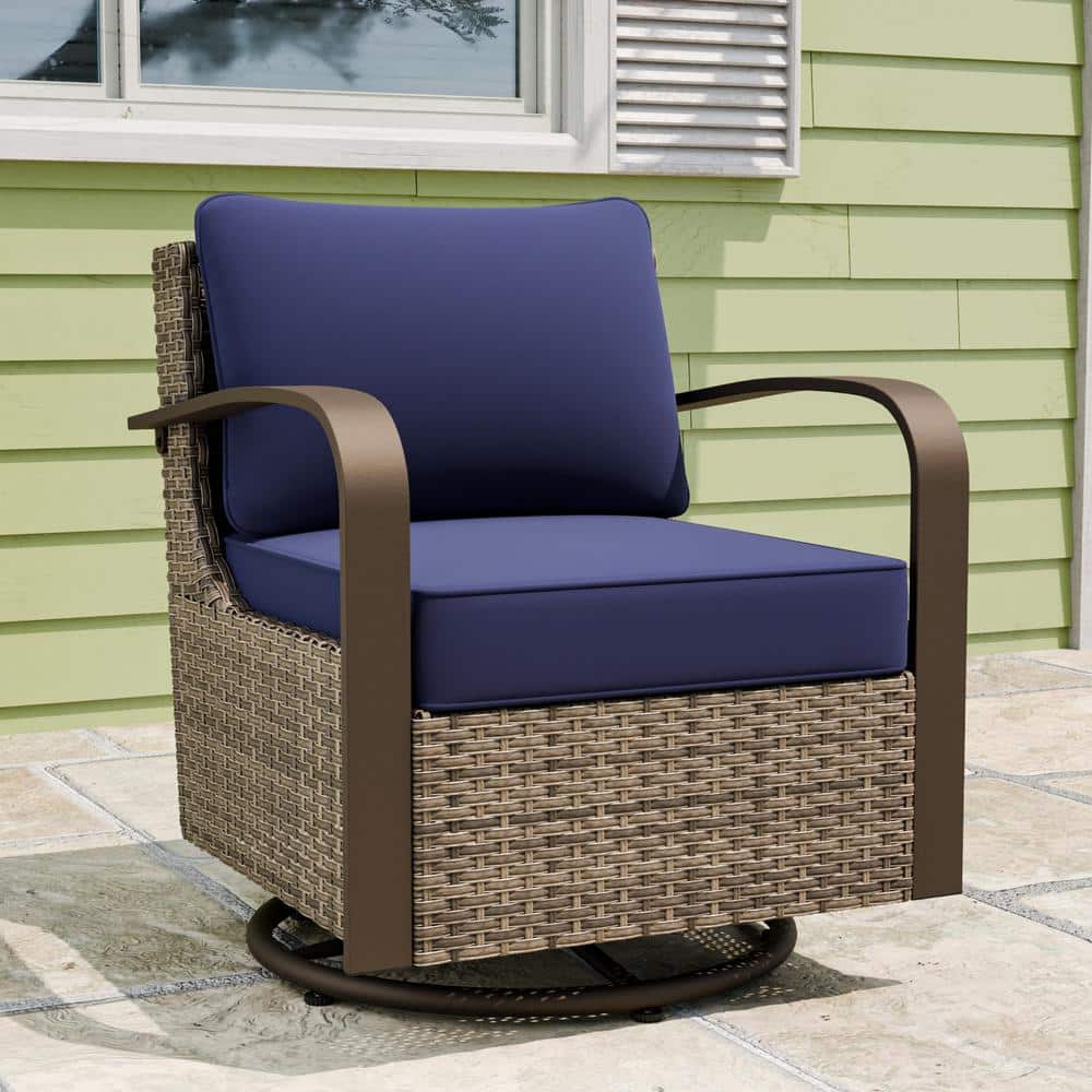 Brown Steel Frame Rocking Armchair with Blue Cushions