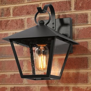 Farmhouse Black Outdoor Wall Light, 10 in. H 1-Light Modern Cage Outdoor Wall Lantern Sconce with Seeded Glass Shade