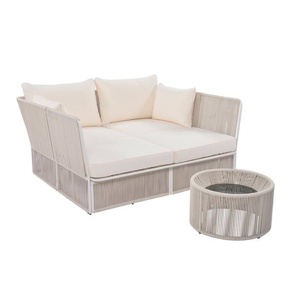 Angel Sar 2-Piece Metal Outdoor Day Bed and Coffee Table Set, Double Loveseat Daybed with Beige Cushions and Tempered Glass Table