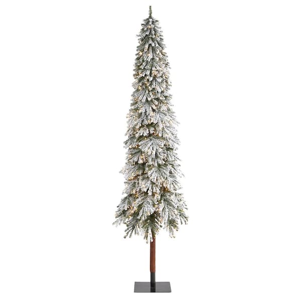 Nearly Natural 9 ft. Flocked Grand Alpine Artificial Christmas Tree with 600 Clear Lights and 1183 Bendable Branches on Natural Trunk
