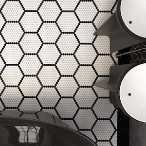 Metro Geo 1 in. Hex Matte White with Black Edge 10-1/2 in. x 11-5/8 in. Porcelain Mosaic Tile (6.5 sq. ft./Case)