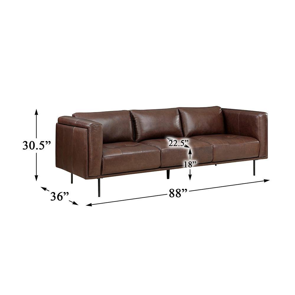 88" Brown Tufted Leather Lawson Sofa with Wood Frame