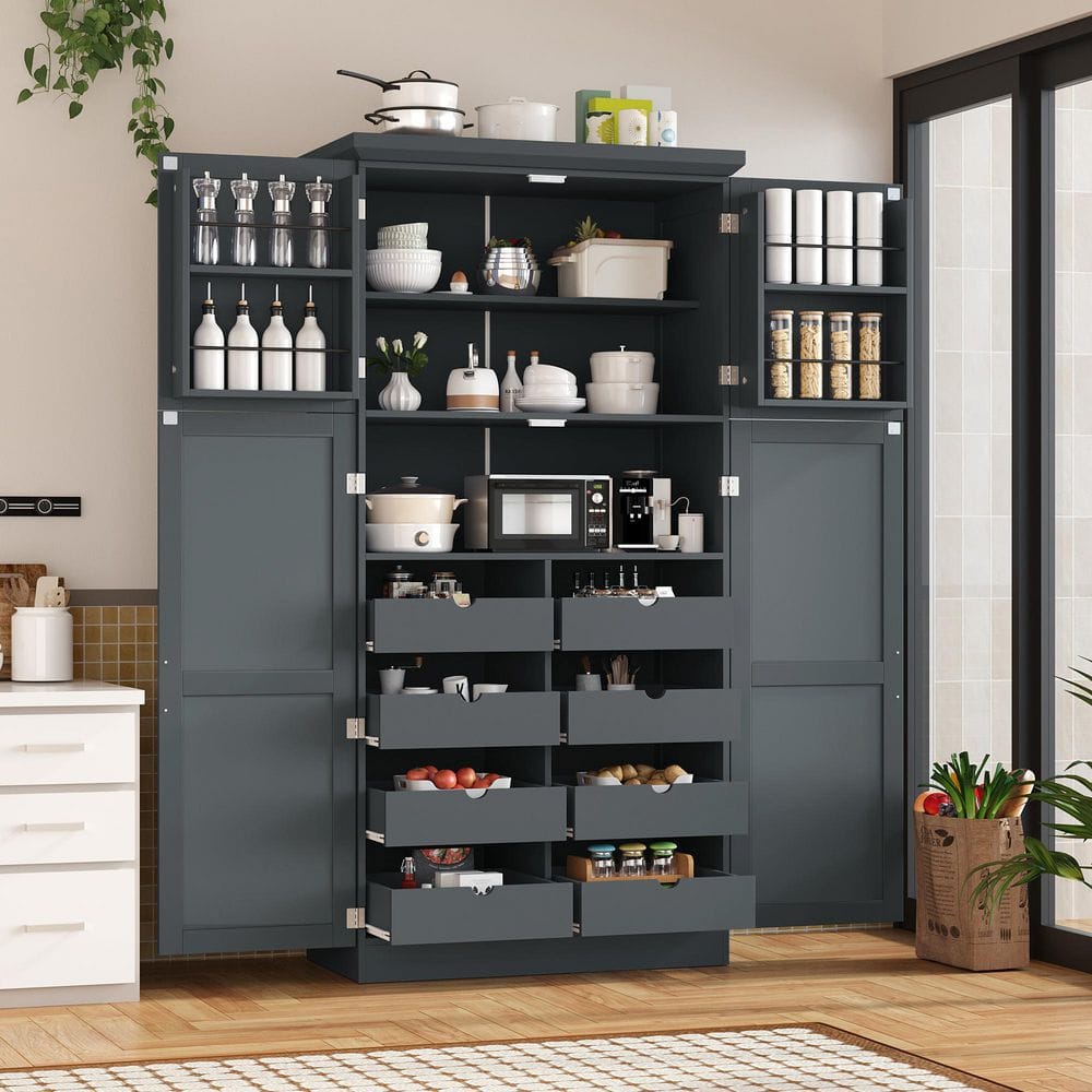 35.5 in. W x 17.6 in. D x 70.9 in. H Gray Linen Cabinet Kitchen Pantry with 4-Doors, 2-Door Shelves and Adjustable Shelf price history on PriceWatchPro