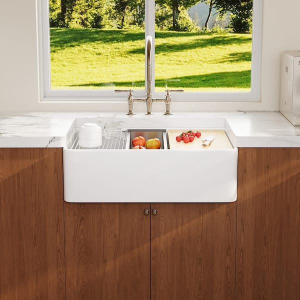 Derbyshire 33 in. Ceramic Single Bowl Farmhouse Apron Workstation Kitchen Sink with Accessories in White