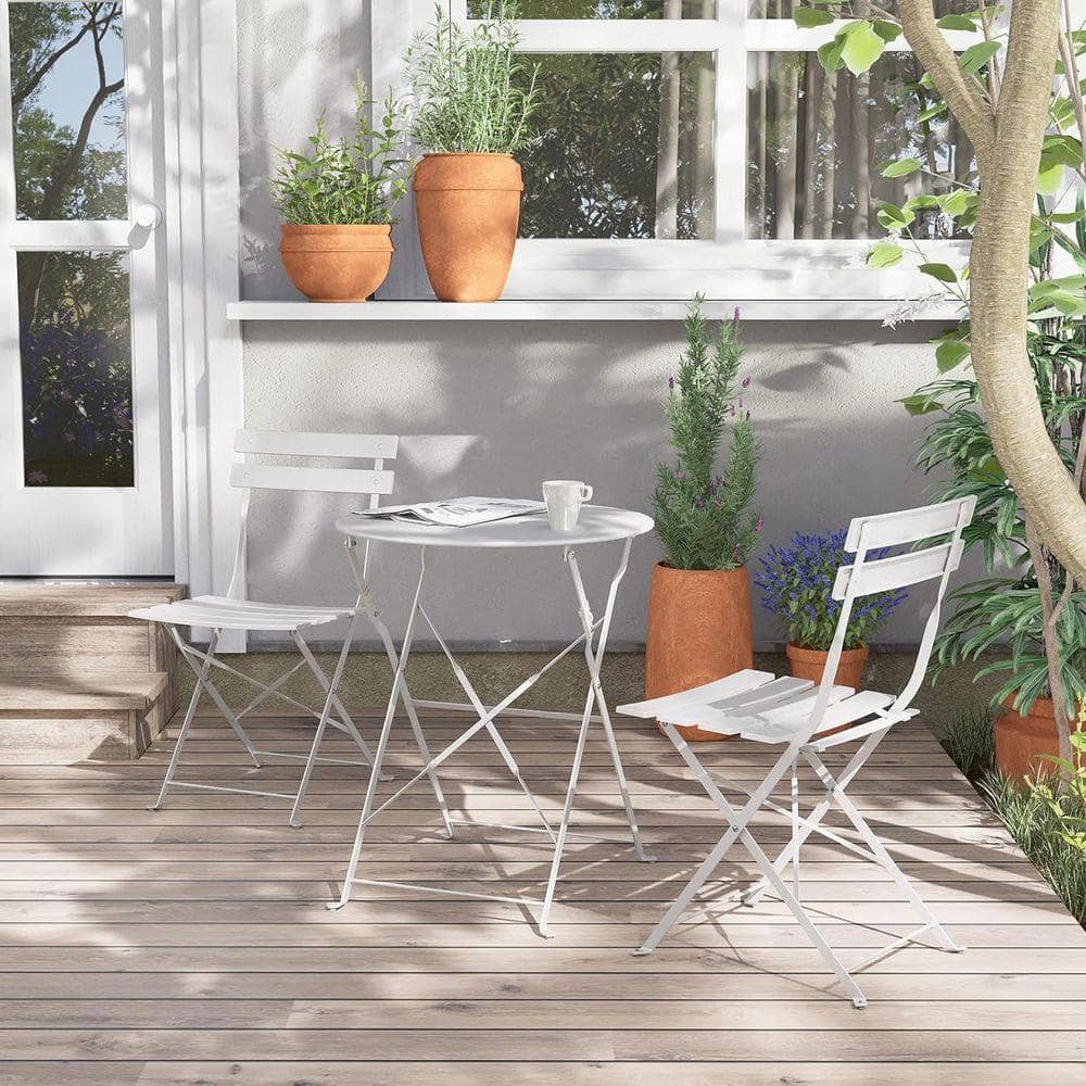 White 3-Piece Metal Outdoor Bistro Set with White Cushion