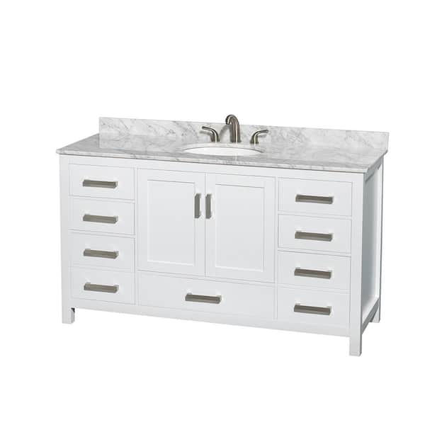 Wyndham Collection Sheffield 60 in. W x 22 in. D x 35 in. H Single Bath Vanity in White with White Carrara Marble Top