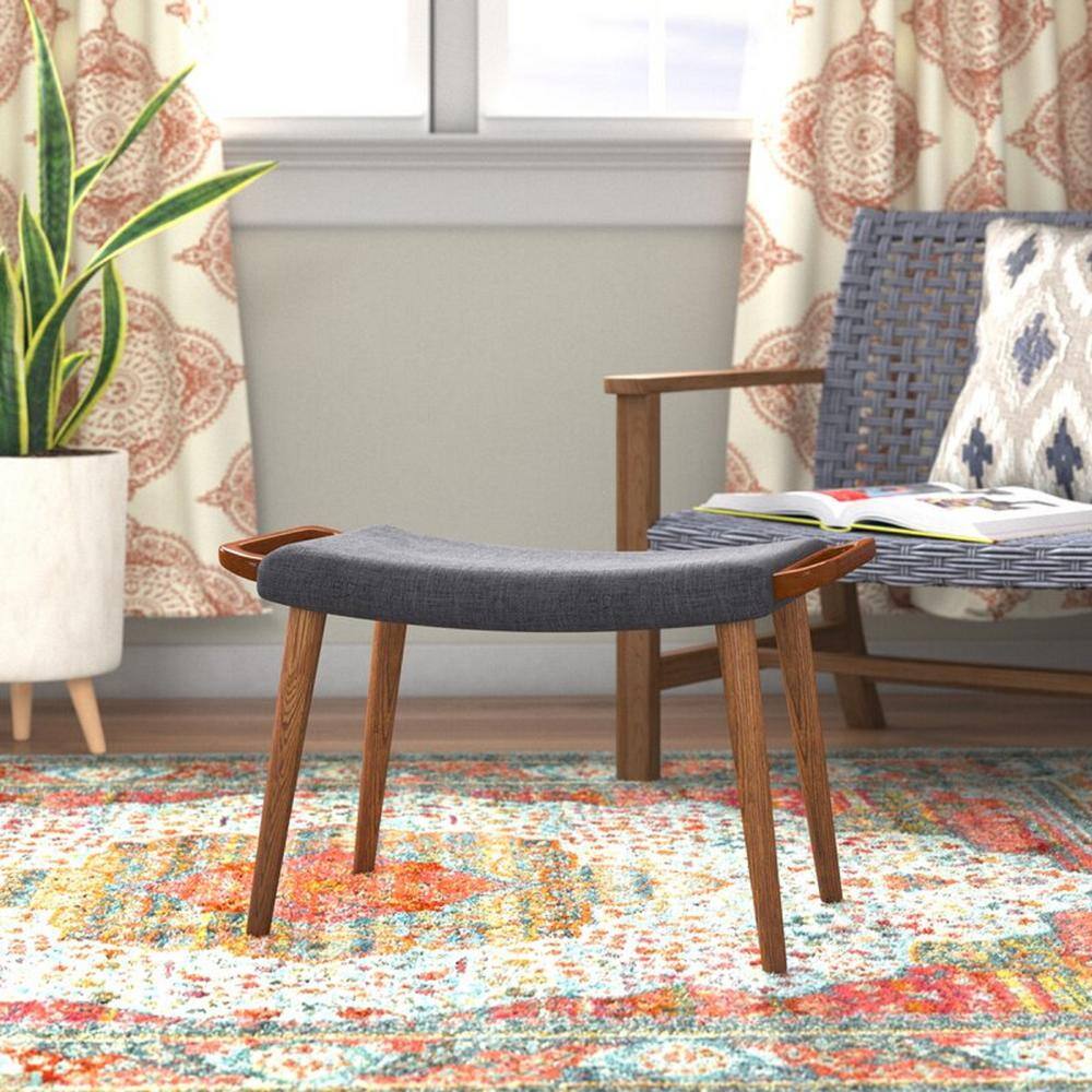 Mid-Century Charcoal and Walnut Cushioned Ottoman