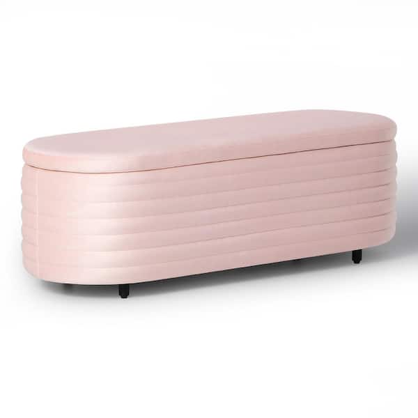 Farrah 54 in. Wide Oval Velvet Upholstered Entryway Flip Top Storage Bedroom Accent Bench in Pink