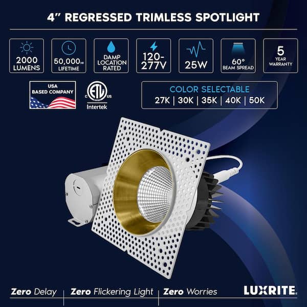 4 In. Integrated LED Trimless Recessed Light with Brass Trim, 25W, 2000LM, 5CCT, 60°, Dimmable, White + Brass 4 Pack