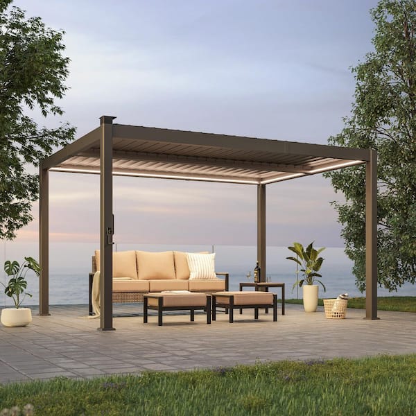 Sereno Series 10 ft. x 13 ft. All-Aluminum Pergola with Solar-Powered LED Lights, Removable Control Panel, Grey