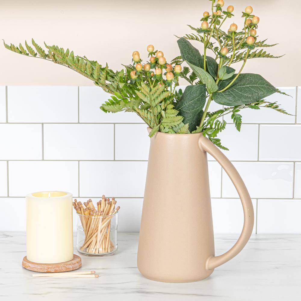 Putty Beige Modern Stoneware Pitcher with Handle, 7-inch
