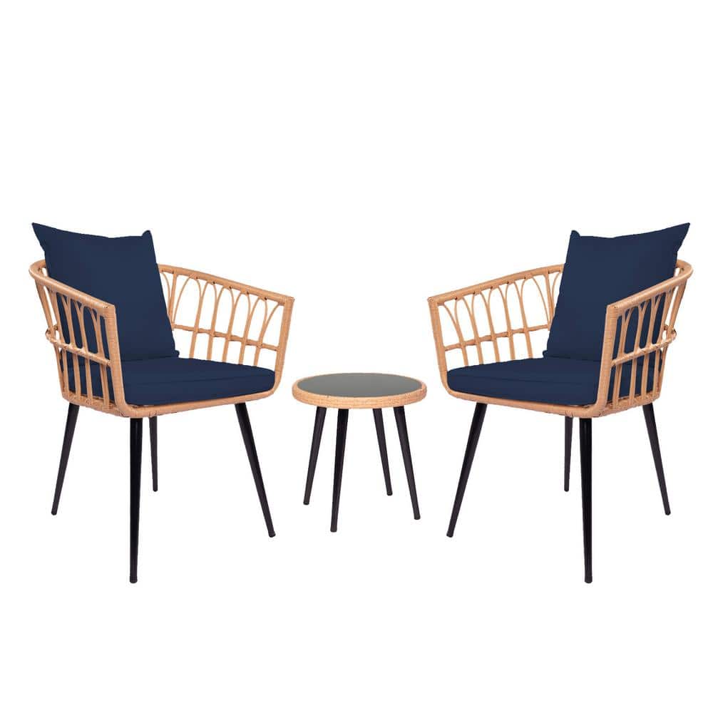 3 Pieces Metal Patio Conversation with Dark Blue Cushions Outdoor Bistro Se