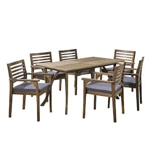 Casa 30 in. Grey 7-Piece Wood Rectangular Outdoor Patio Dining Set with Dark Grey Cushions