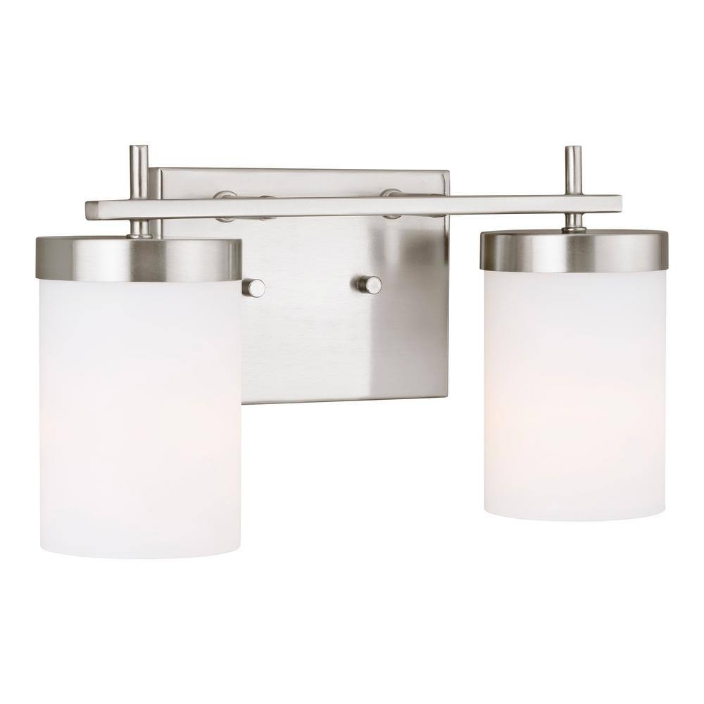 Brushed Nickel Two-Light Cylinder Wall Sconce with Etched Glass Shades