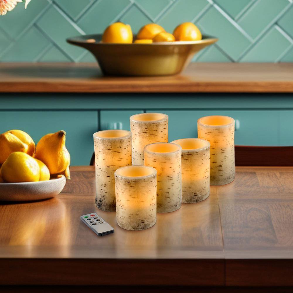 Rustic Cream Faux Birch Bark Flameless LED Candles Set of 6