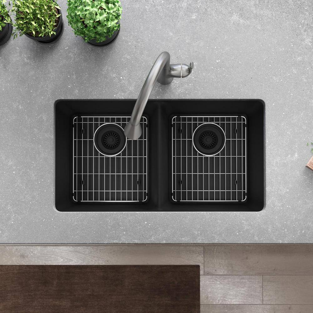 Elkay Quartz Classic 33" x 18-1/2" x 9-1/2", Equal Double Bowl Undermount Sink Kit, Matte Black