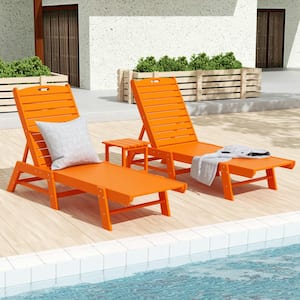 Laguna Orange 3Piece All Weather Fade Proof HDPE Plastic Outdoor Patio Reclining Chaise Lounge Chairs and Side Table Set