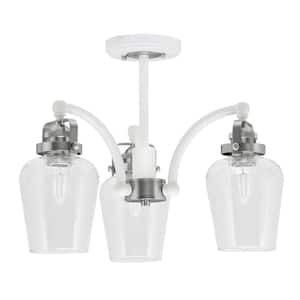 Decatur 15 in. 3 Light White and Nickel Semi-Flush with 5 in. Clear Bubble Glass Shade No Bulbs Included