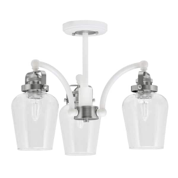 Unbranded Decatur 15 in. 3 Light White and Nickel Semi-Flush with 5 in. Clear Bubble Glass Shade No Bulbs Included