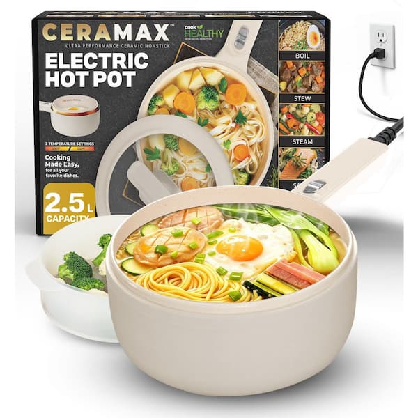 2.6 qt. Cream Portable Ceramic Nonstick Electric Multi-Cooker Cooking Pot with Food Steamer