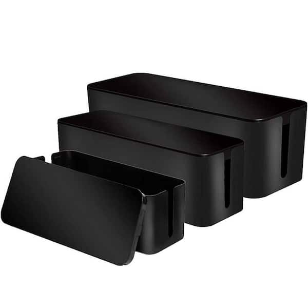 Cable Organizer Box 1.33 ft. Set of Three, Power Cover Cord Holder Surge Protector for Desk (Black)