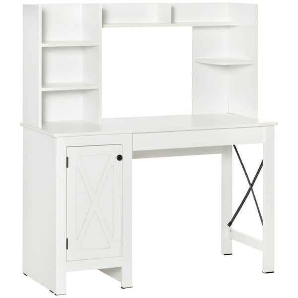 HOMCOM Farmhouse 19.75 in. White Wooden Computer Desk with Hutch and Cabinet