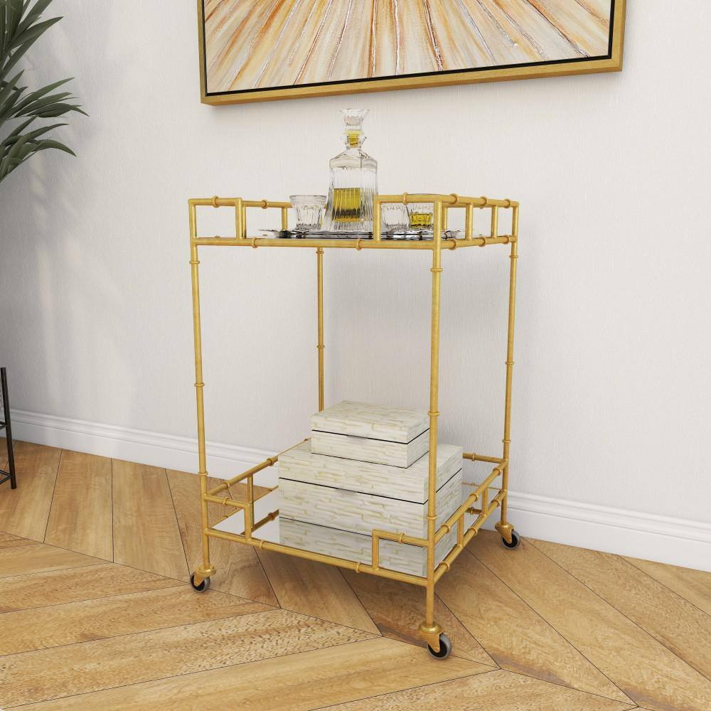 Gold Square Metal Bar Cart with Mirrored Shelves