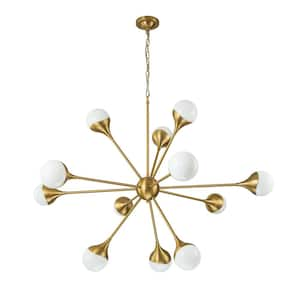 Ceder 48.9 in. 12-Light Brushed Gold Chandelier Milk Glass Shades for Dining Room