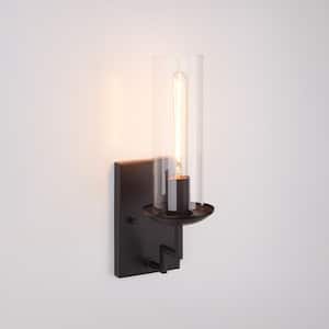3.9 in. W 1-Light Black Mid-Century Modern Indoor Wall Sconce with Clear Glass Shade