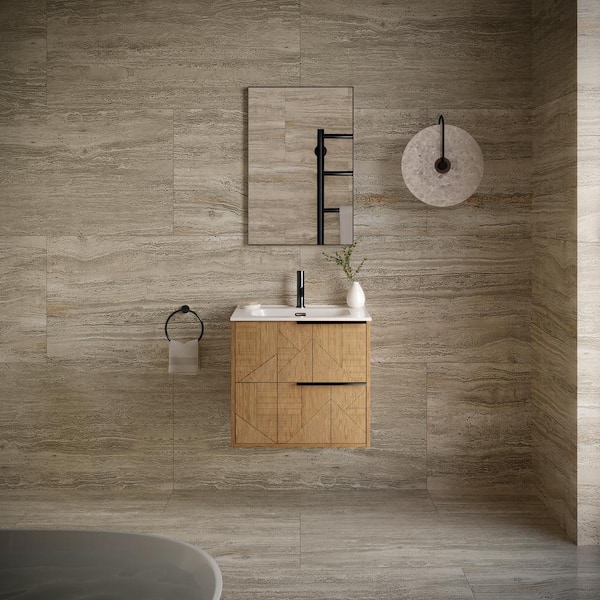 Demeter Geo Black 24 in. W x 18.1 in. D x 22.8 in. H Deco Wall Mounted Vanity with Single Sink and White Ceramic Top