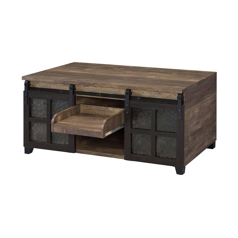 Rustic Oak and Black Rectangular Wood Glass Coffee Table with Storage