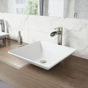 Hibiscus Modern White Matte Stone 16 in. L x 16 in. W x 5 in. H Square Vessel Bathroom Sink