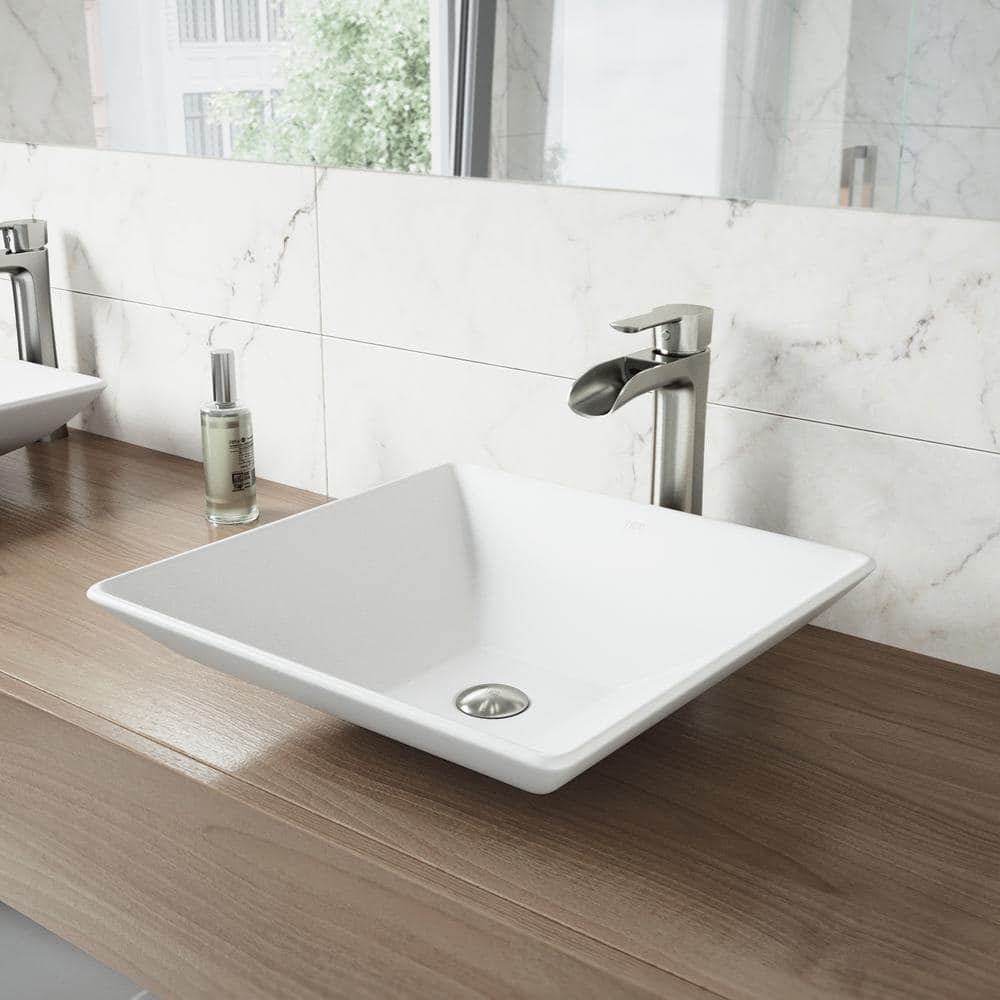 VIGO Hibiscus Modern White Matte Stone 16 in. L x 16 in. W x 5 in. H Square Vessel Bathroom Sink