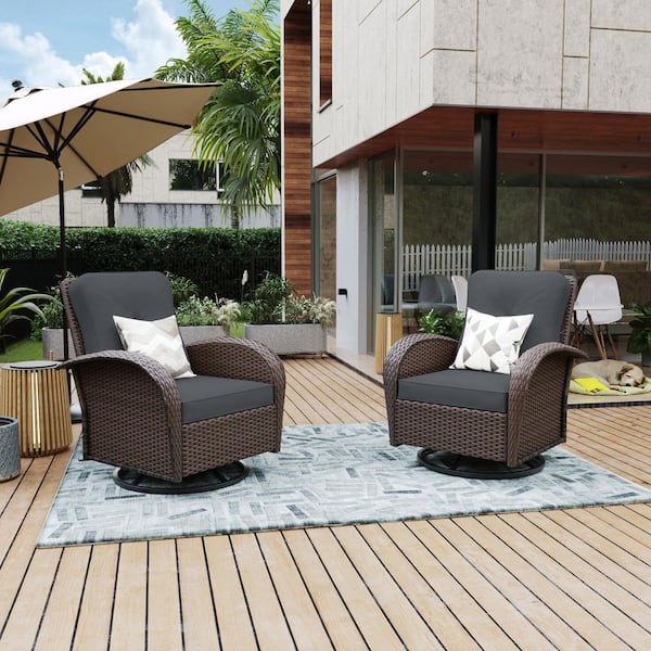 UPHA 2-Piece Brown Wicker Outdoor Rocking Chair Swivel Chair with Gray Cushions