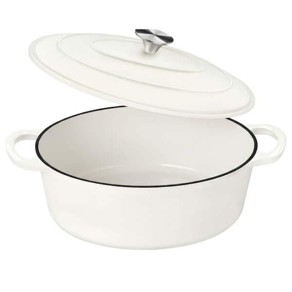 1-Piece White Enameled Cast Iron Oval Dutch Oven Non-Stick Dual Handles Oven Safe Easy Clean with Lid