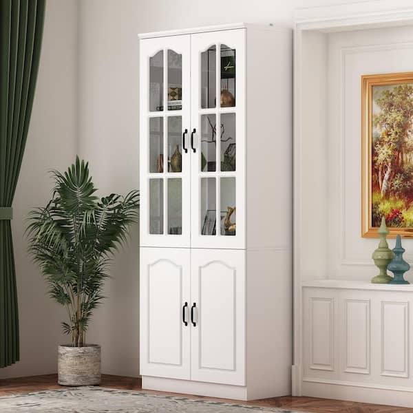 White Wood Accent Storage Cabinet With Tempered Glass Doors, Adjustable Shelves (31.5 in. W x 15.7 in. D x 78.7 in. H)