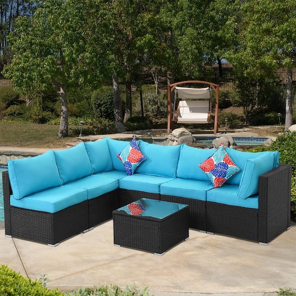 Cesicia Black 7-Piece Wicker Patio Conversation Set with Blue Cushions