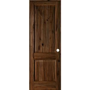 32 in. x 96 in. Knotty Alder 2 Panel Left-Hand Square Top V-Groove Provincial Stain Wood Single Prehung Interior Door